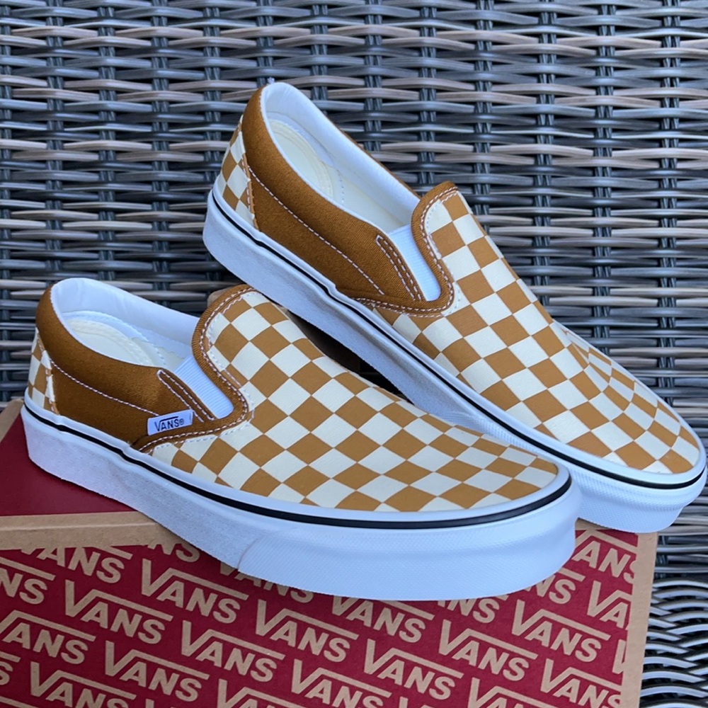 Vans Classic Slip-On Checkerboard Goldenbrown/True White MENS - Picture 6 of 16